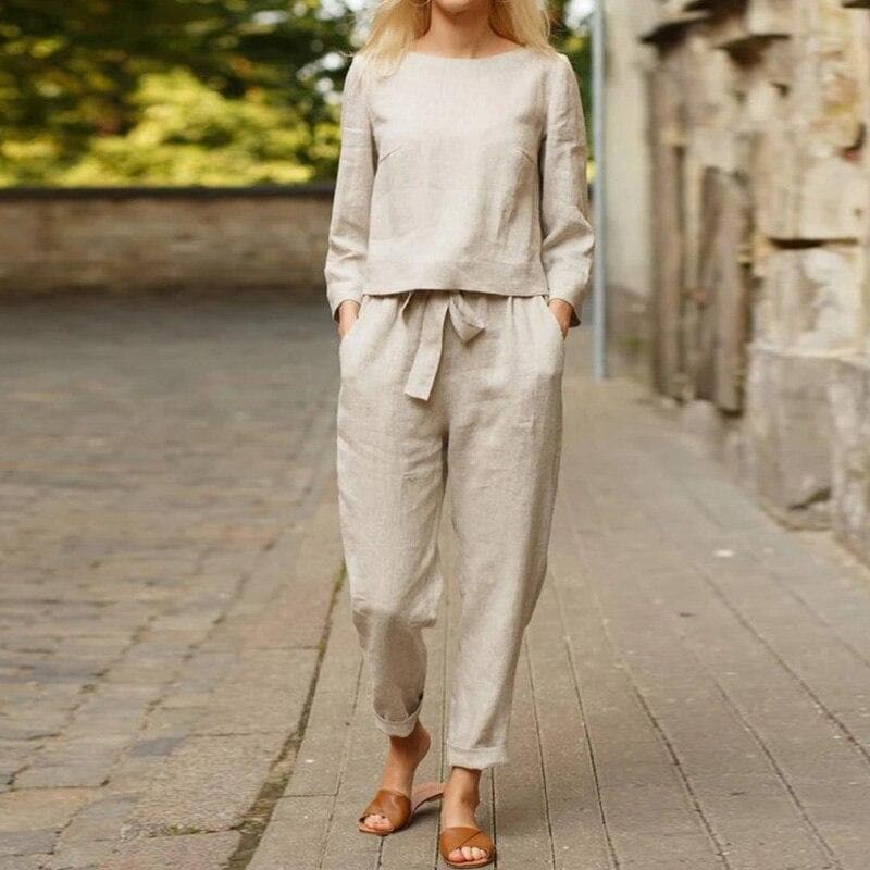 Comfy Women's Linen Pajama Set with Loose Fit Top and Pants - Nocini