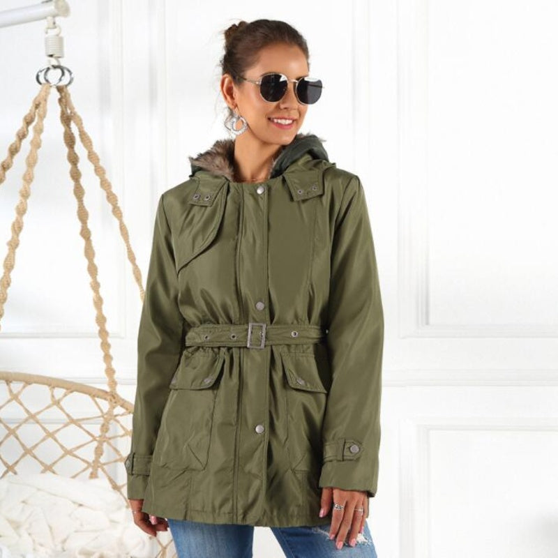 Waterproof Women's Parka Coat with Hood and Belt - Nocini
