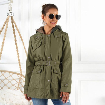 Waterproof Women's Parka Coat with Hood and Belt - Nocini