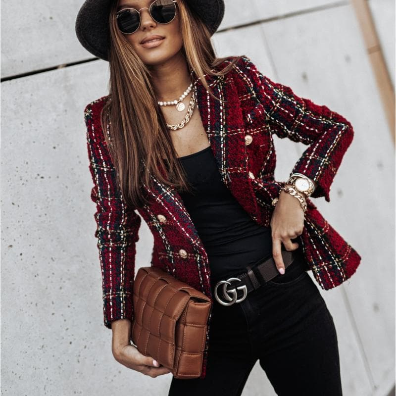Women's Blazer - Tweed Pattern - Tailored Fit - Double Breasted - Nocini