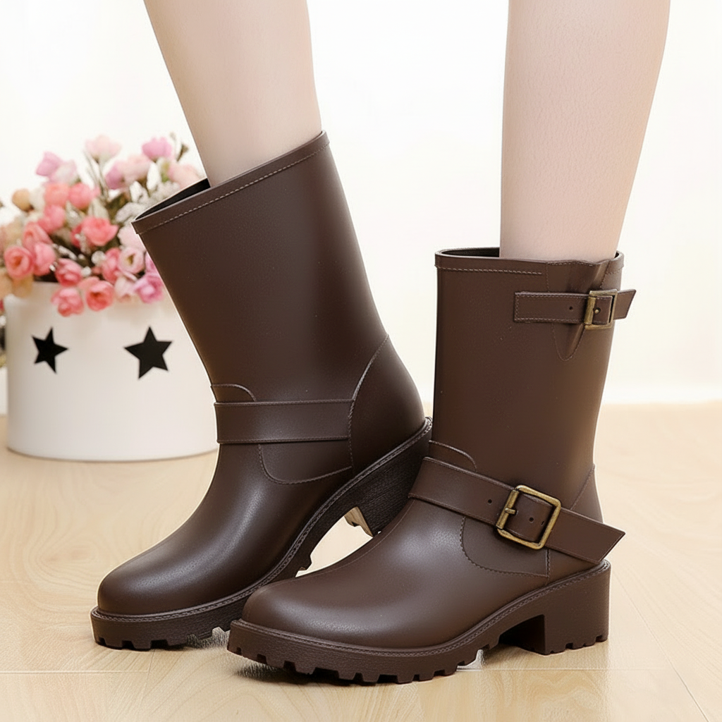 Ladies Mid Calf Boots with Block Heel and Buckle Detail