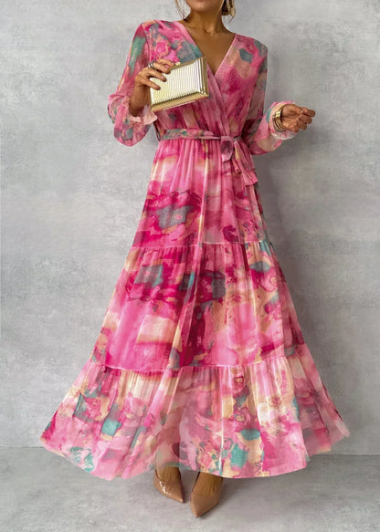 Ladies' Printed Long Sleeve Maxi Dress with Waist Belt - Nocini