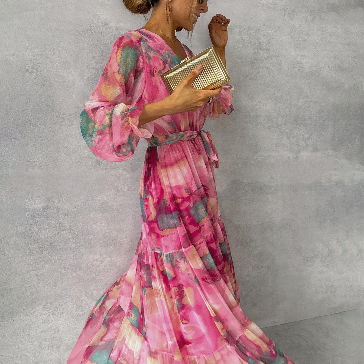 Ladies' Printed Long Sleeve Maxi Dress with Waist Belt