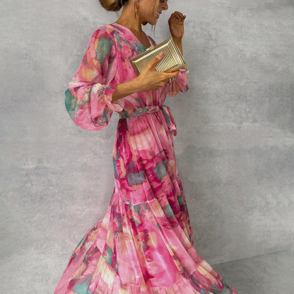Ladies' Printed Long Sleeve Maxi Dress with Waist Belt
