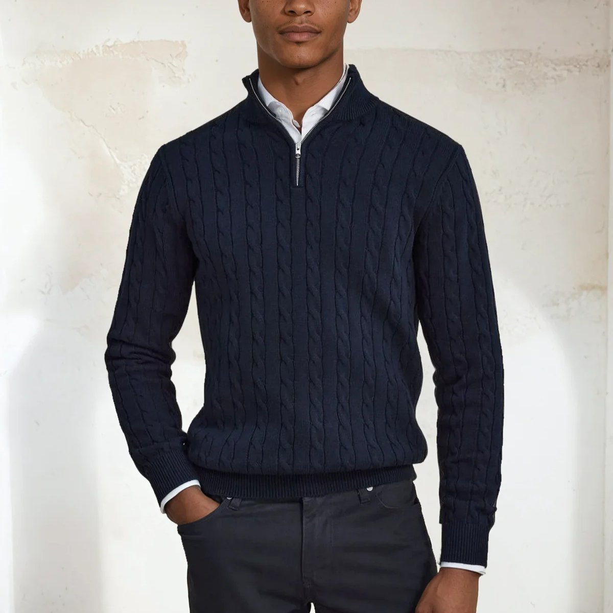 Classic Mens Crew Neck Cable Sweater - Dark Blue