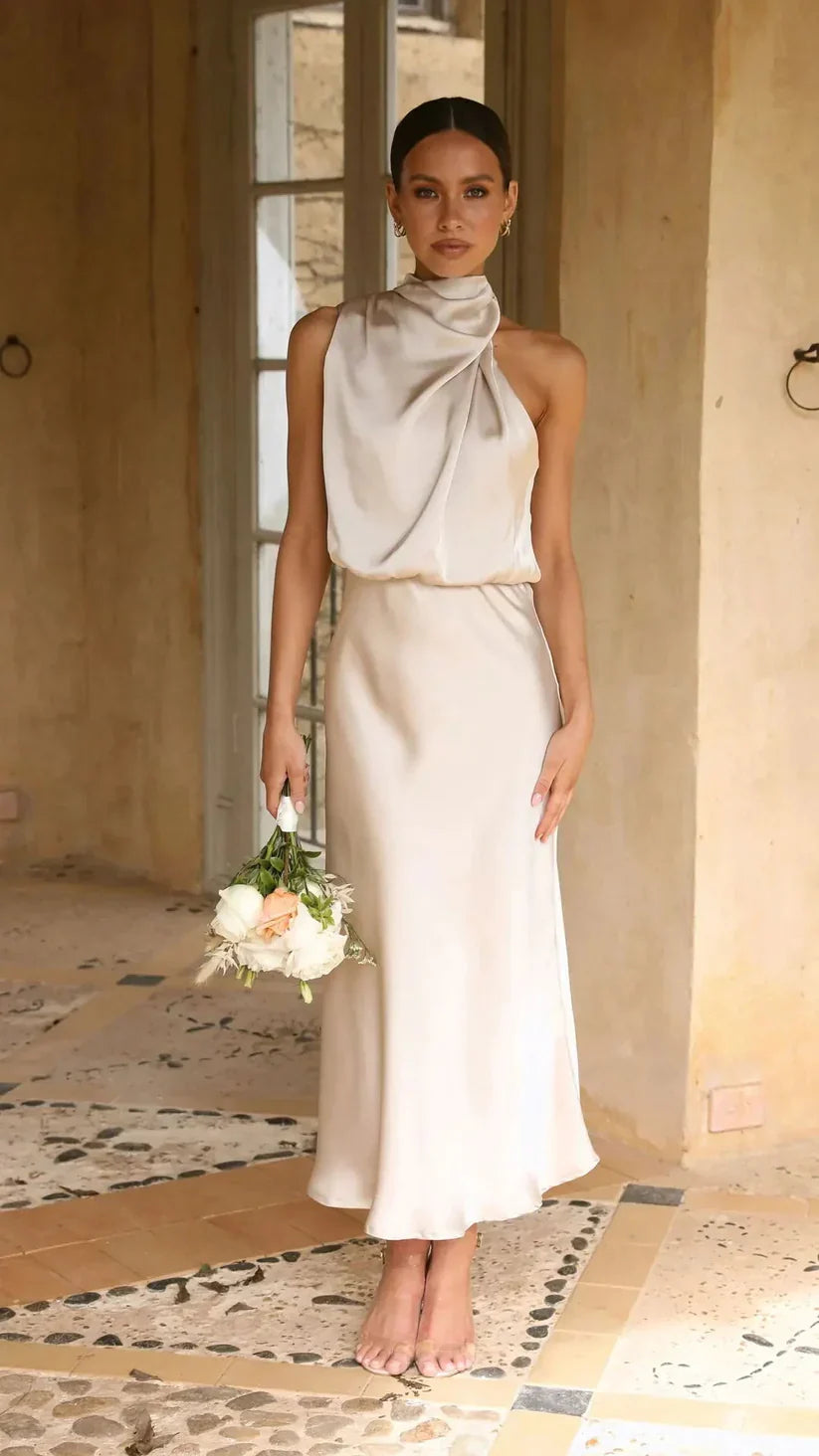 Ladies Luxury Satin One Shoulder Midi Dress