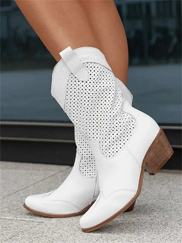 Rugged Mid Calf Leather Cowboy Boots