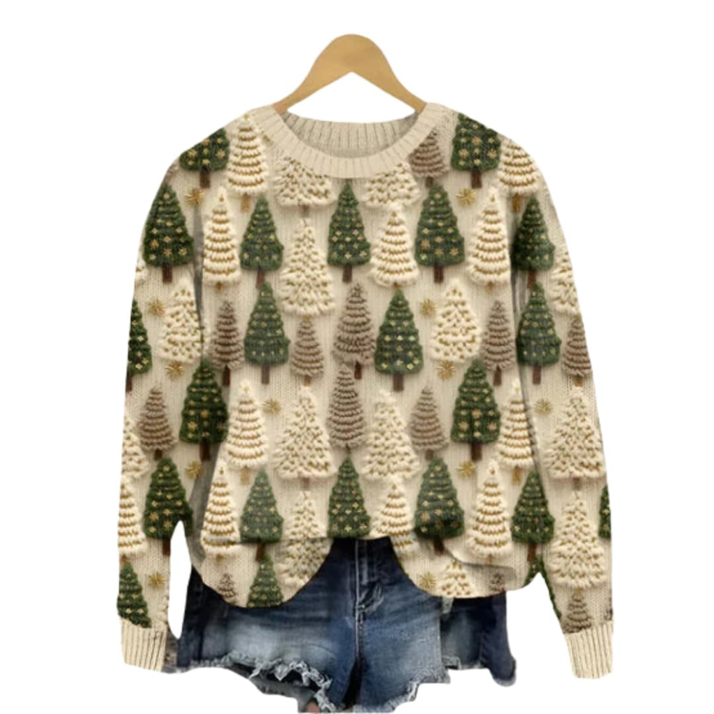 Cozy Crew Neck Tree Print Women's Sweater - Olytrend