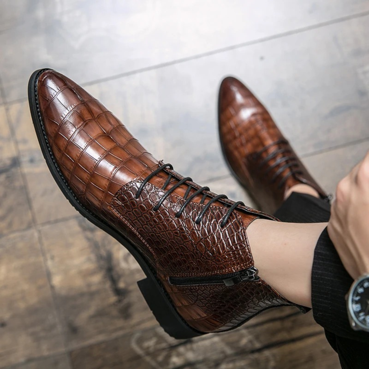 Men's Brown Leather Alligator Print Ankle Boots
