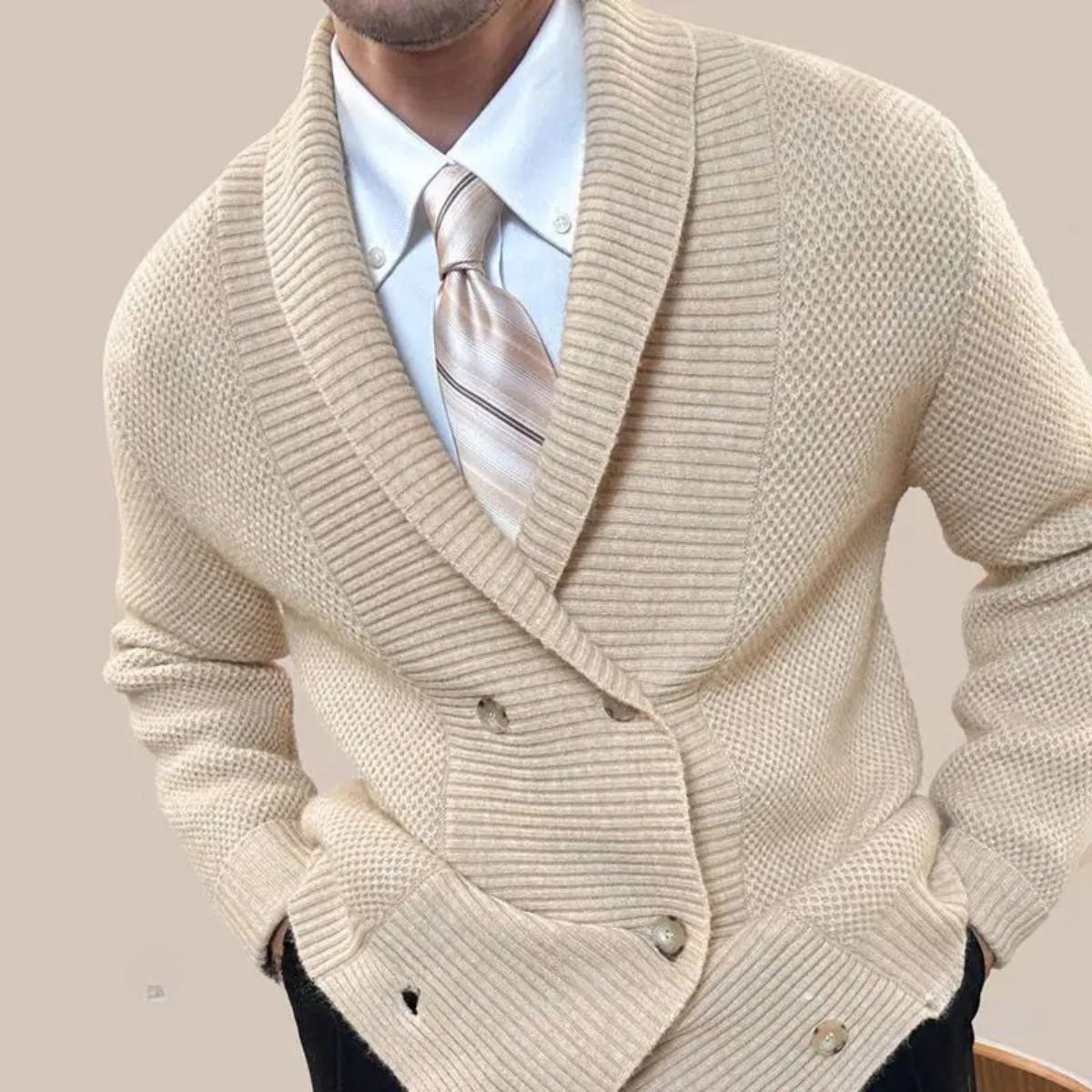 Thick Knit Crew Neck Double Button Men's Cardigan