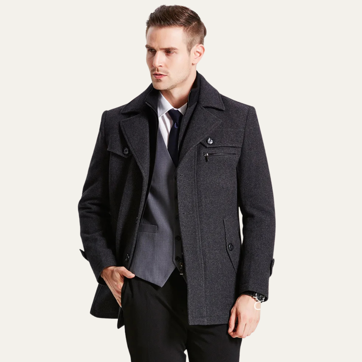Warm Water Resistant Men's Trench Coat with Quilted Lining