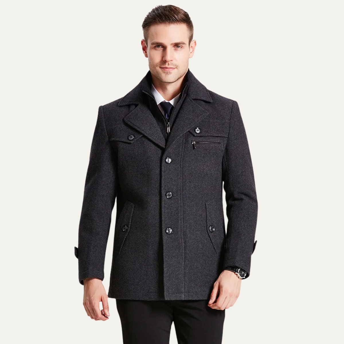 Warm Water Resistant Men's Trench Coat with Quilted Lining