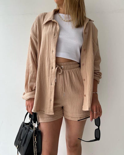 Comfortable Cotton Button Front Top and Stretch Shorts Set - Nocini