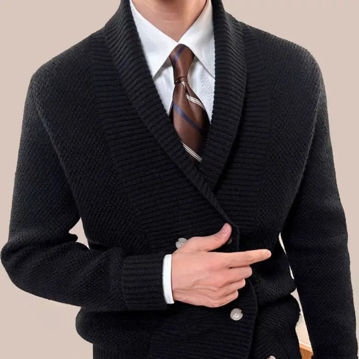 Thick Knit Crew Neck Double Button Men's Cardigan