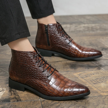 Men's Brown Leather Alligator Print Ankle Boots