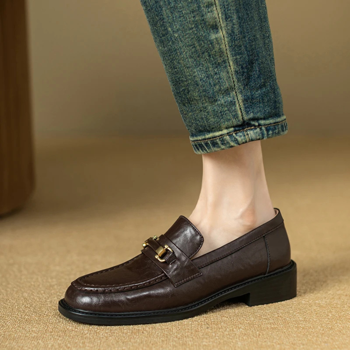 Men's Genuine Leather Slip On Loafers with Silver Buckle