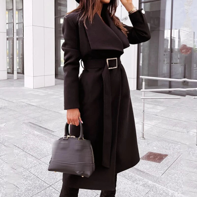 Classic Fit Women's Coat with Wide Lapels and Belt