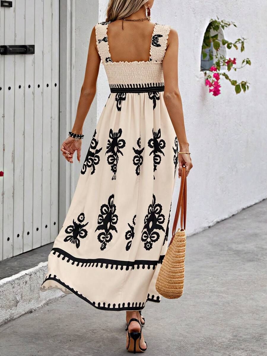 Women's Floral V Neck Maxi Dress with Elastic Waist and Bell Sleeves
