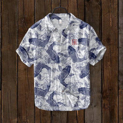 Casual Men's Linen Shirt with Fishing Print