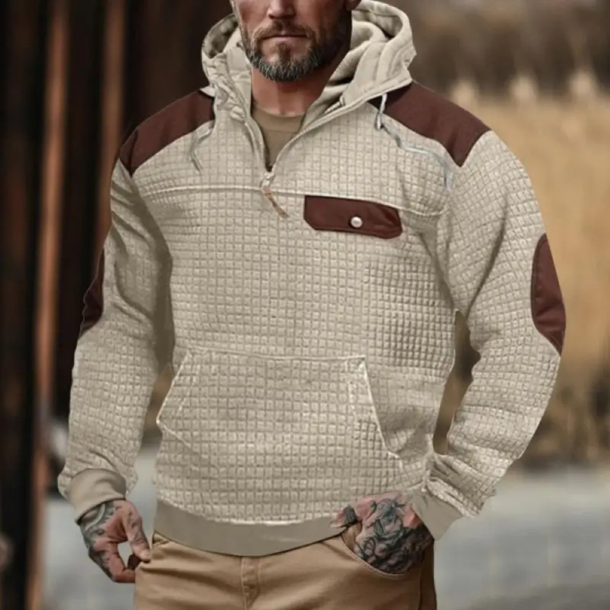 Rugged Men's Corduroy Crew Neck Sweater with Patches