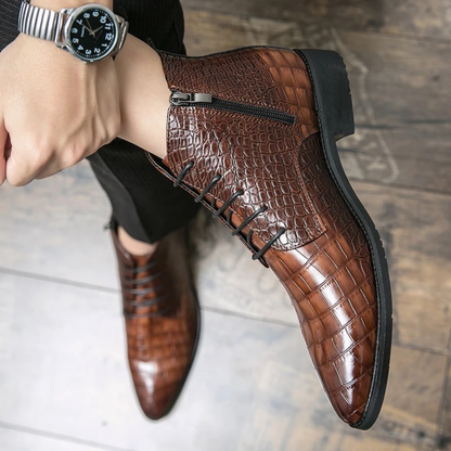 Men's Brown Leather Alligator Print Ankle Boots