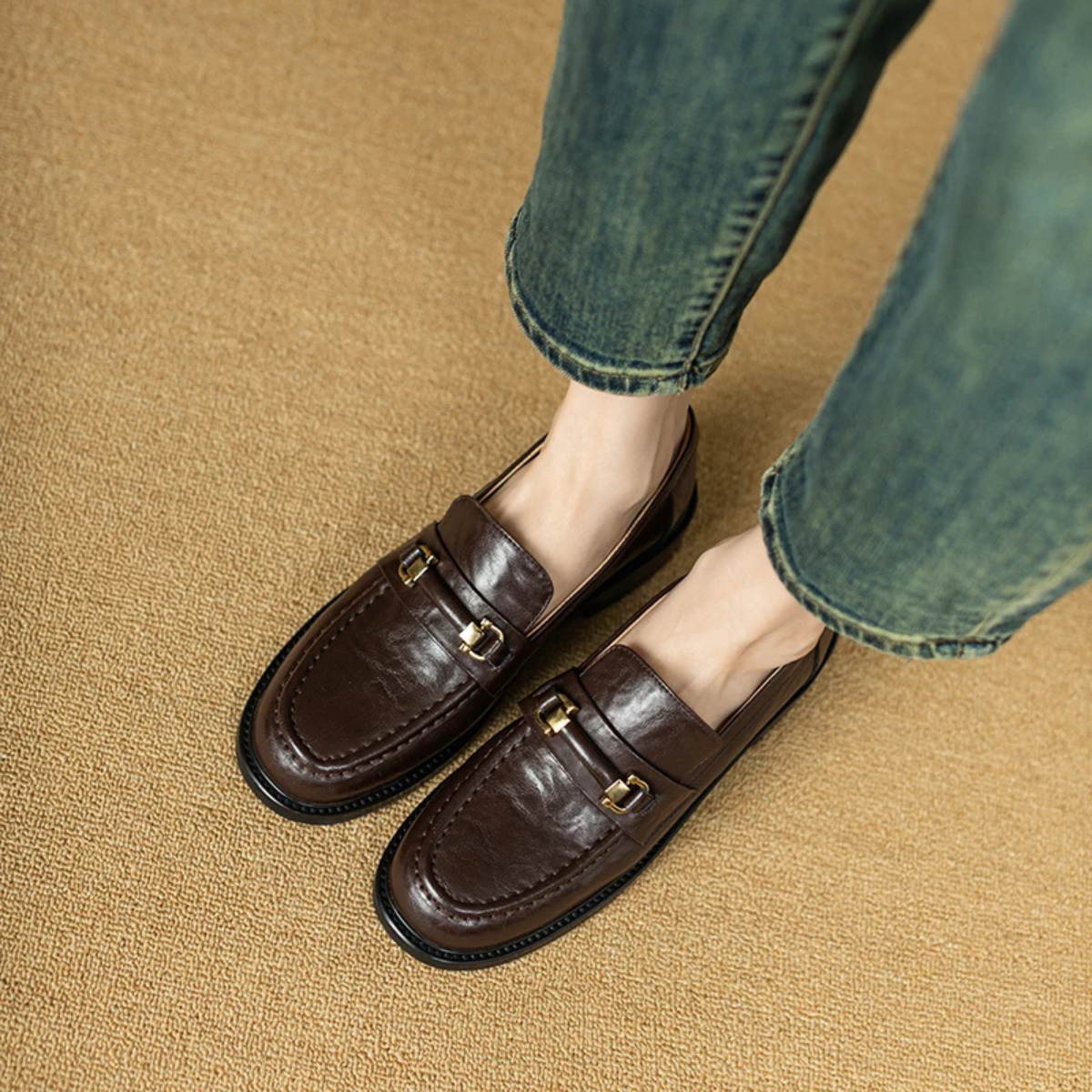Men's Genuine Leather Slip On Loafers with Silver Buckle