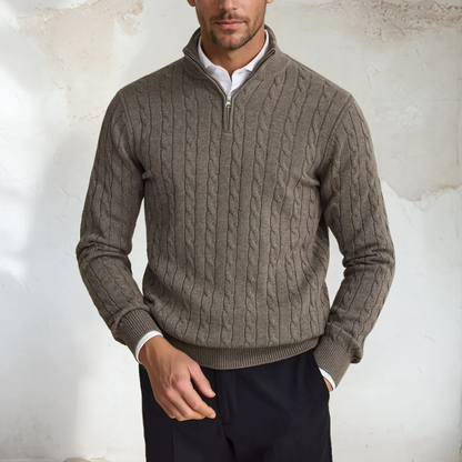 Warm Cable Knit Men's Half Zip Sweater - Beige