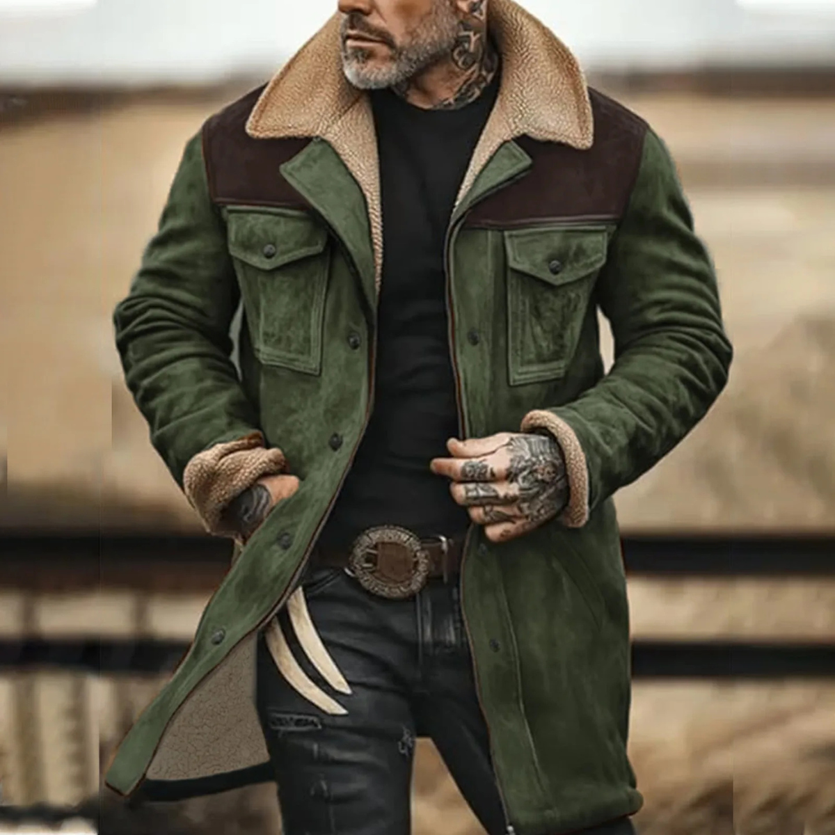 Warm Suede Fleece Lined Mens Winter Coat with Pockets