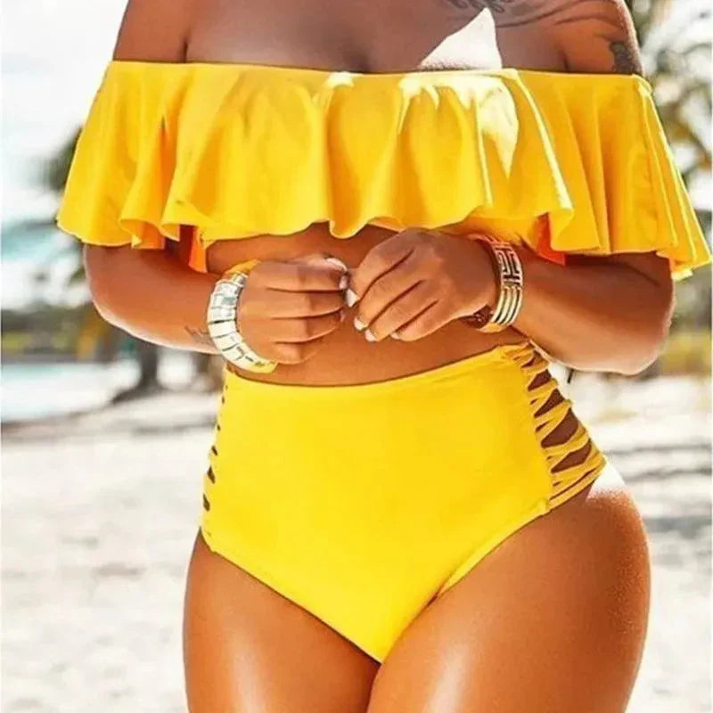 Women's High Waist Bikini Set with Ruffled Off Shoulder Top