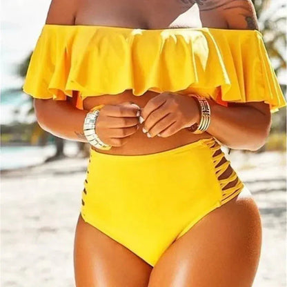 Women's High Waist Bikini Set with Ruffled Off Shoulder Top