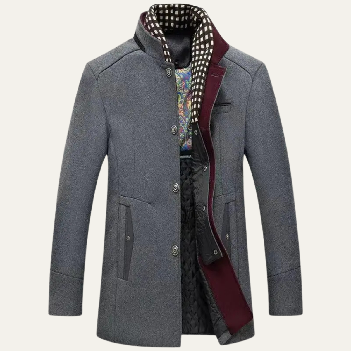 Classic Men's Wool Overcoat with Stand Up Collar