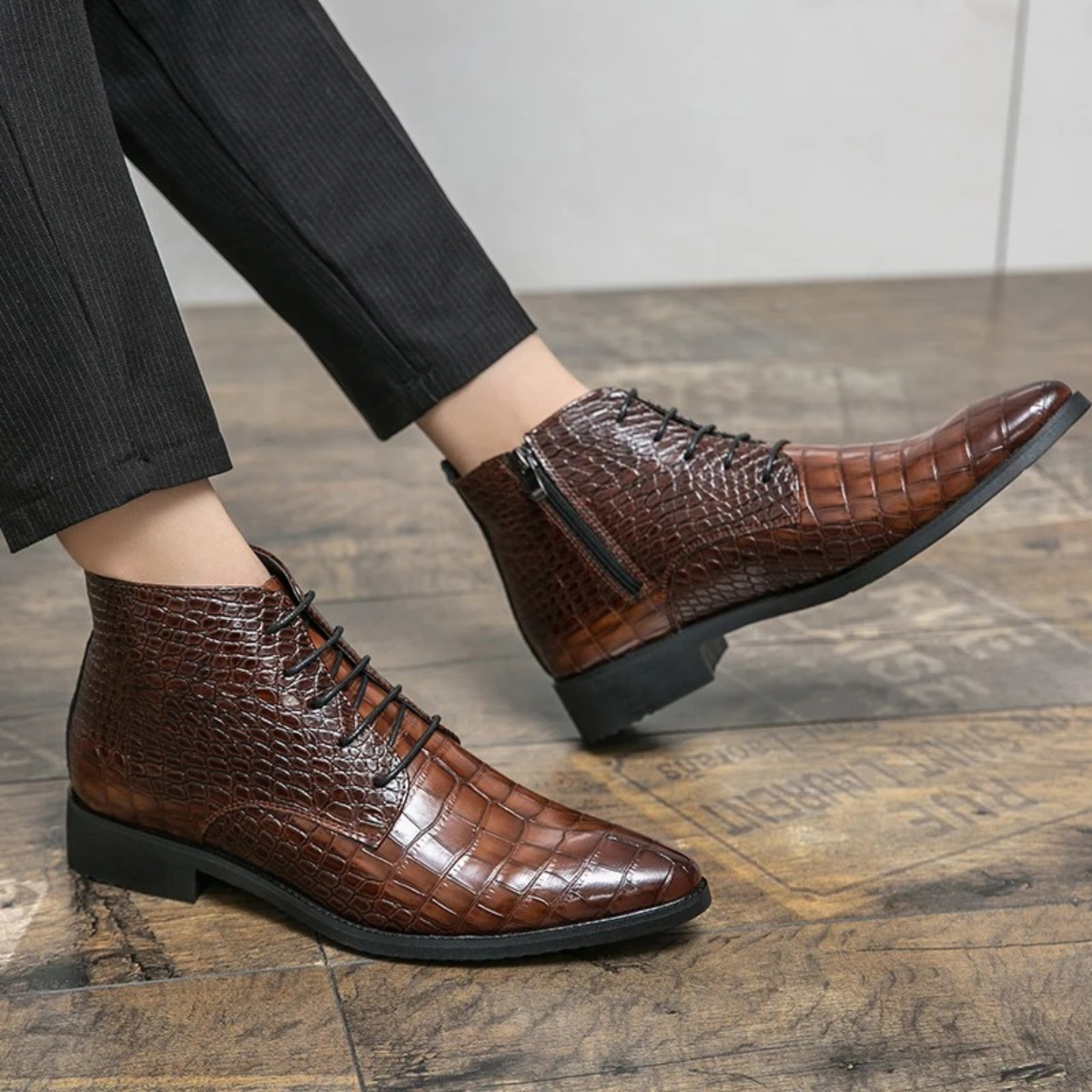 Men's Brown Leather Alligator Print Ankle Boots