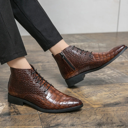 Men's Brown Leather Alligator Print Ankle Boots
