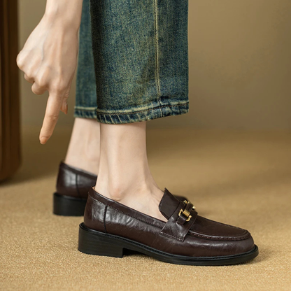 Men's Genuine Leather Slip On Loafers with Silver Buckle