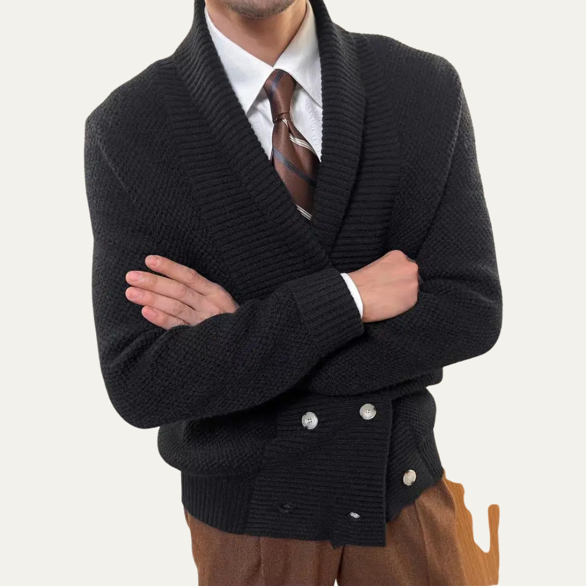 Thick Knit Crew Neck Double Button Men's Cardigan