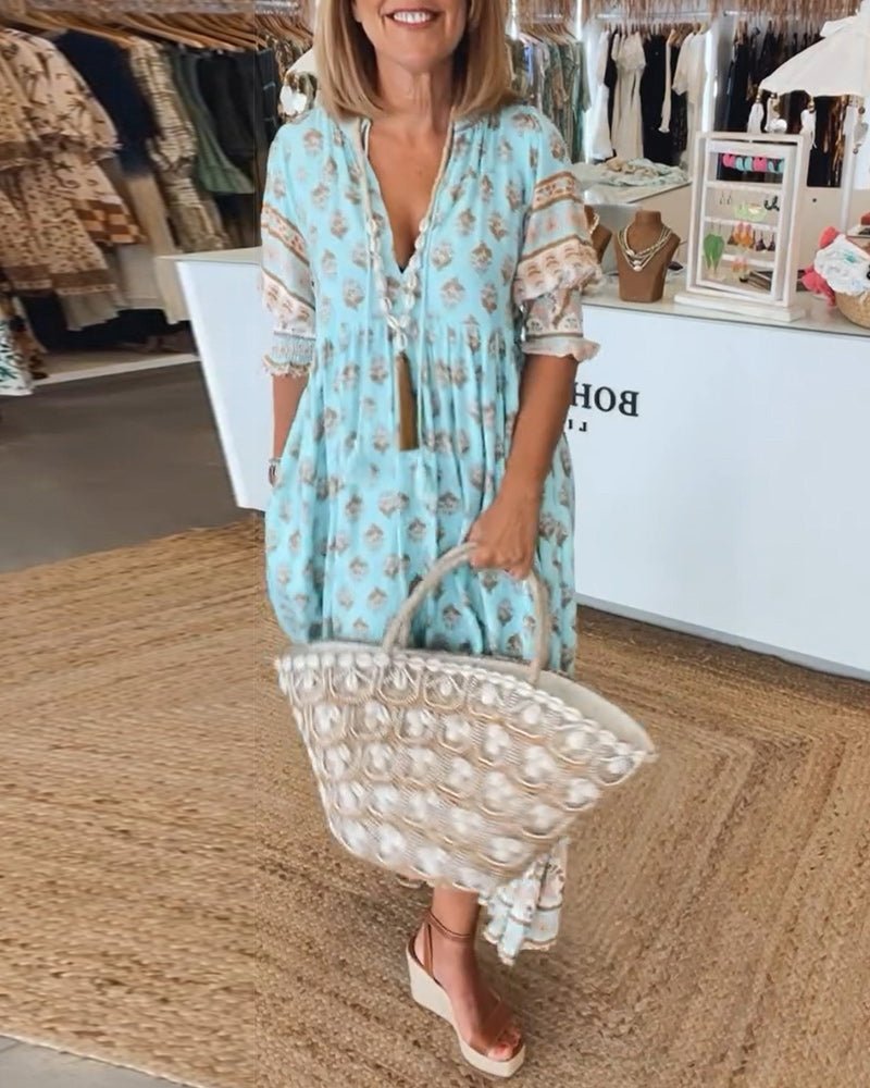 Chic Floral Midi Dress with Tassels - Olytrend