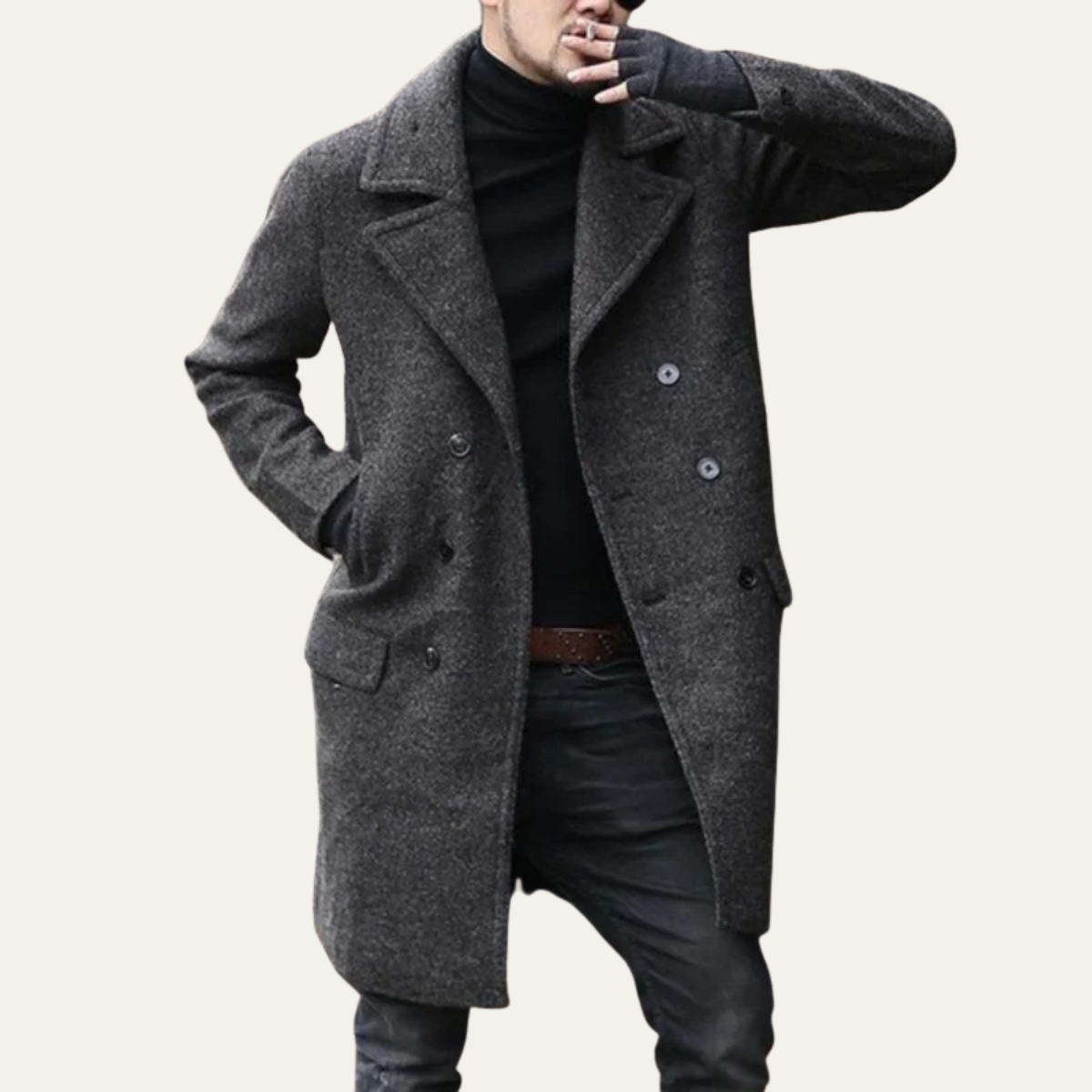 Classic Men's Wool Pea Long Warm Overcoat