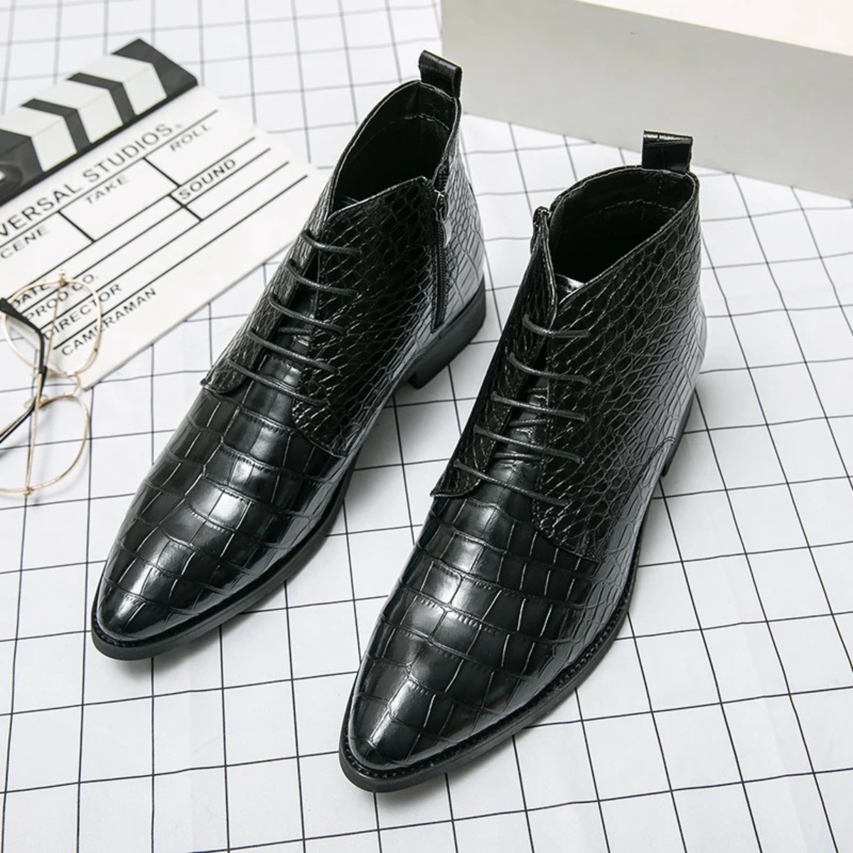 Men's Black Alligator Print Leather Ankle Boots