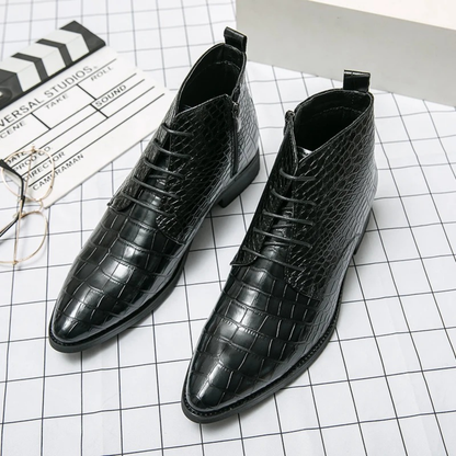Men's Black Alligator Print Leather Ankle Boots