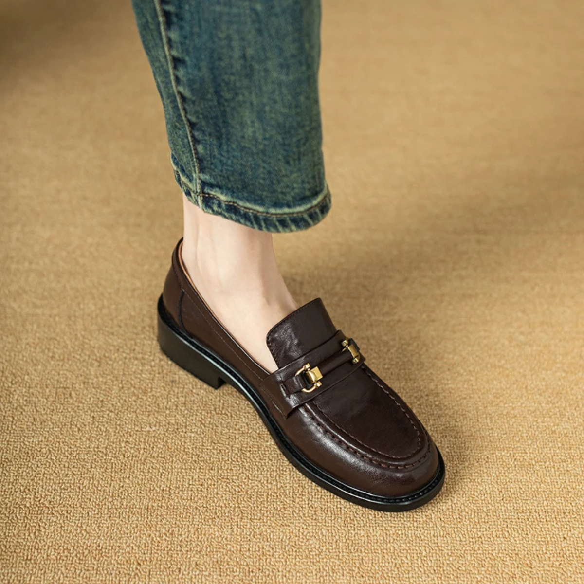 Men's Genuine Leather Slip On Loafers with Silver Buckle