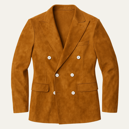 Brown Men's Suede Double Breasted Smart Blazer - Nocini