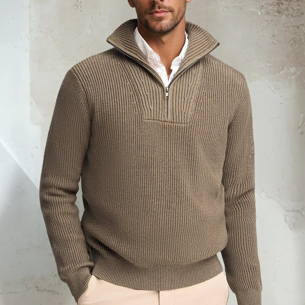 Classic Men's Textured Zip Neck Pullover Sweater