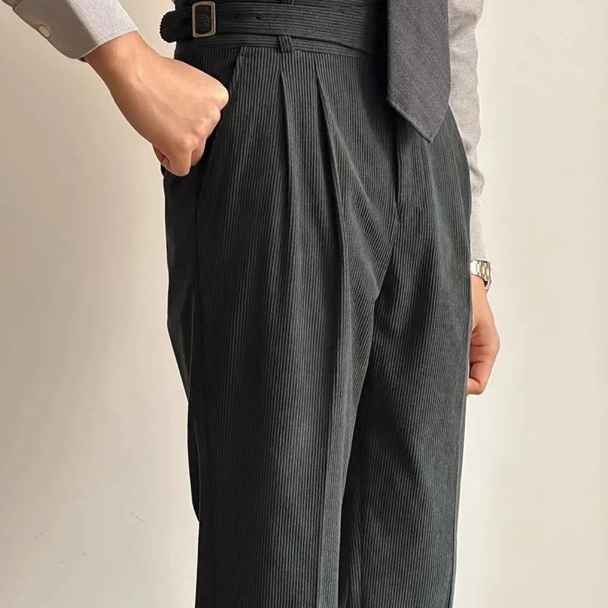 Rugged Men's High Waist Corduroy Trousers with Adjusters - Nocini