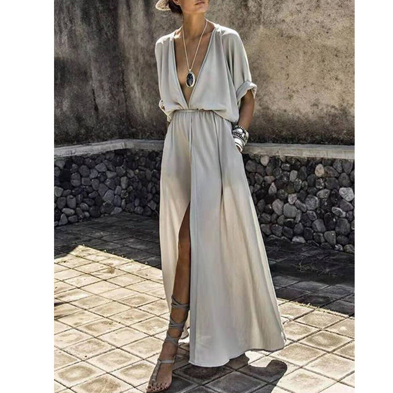 Loose Fit Maxi Dress with V Neck and Side Slit - Nocini