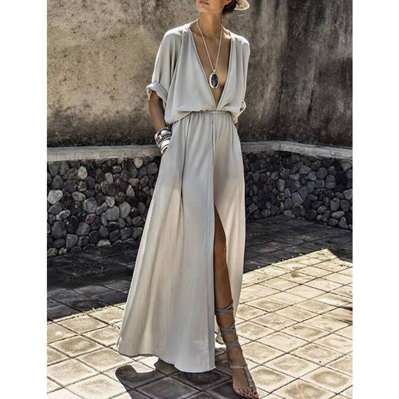 Loose Fit Maxi Dress with V Neck and Side Slit