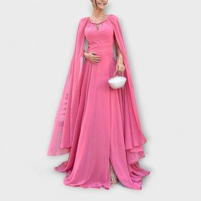 Elegant Long Dress with Bell Sleeves and High Cut