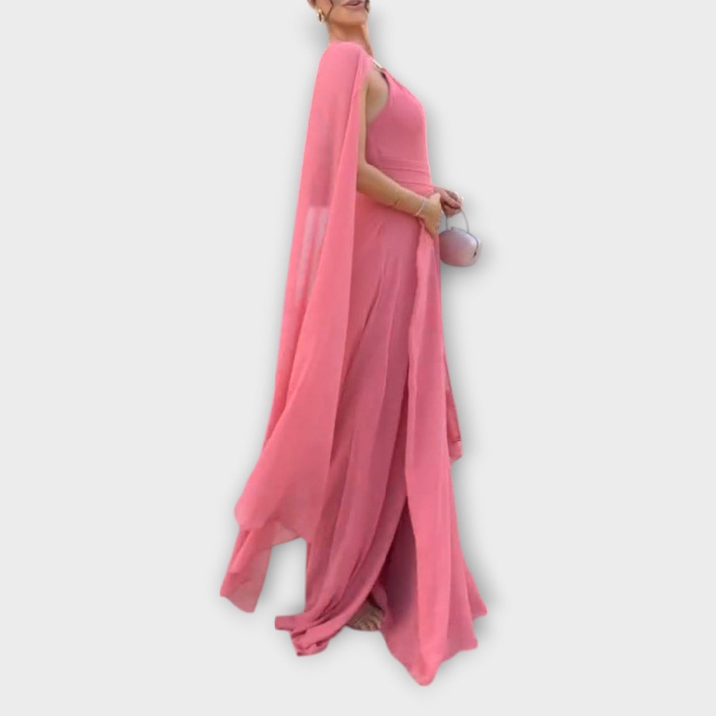 Elegant Long Dress with Bell Sleeves and High Cut