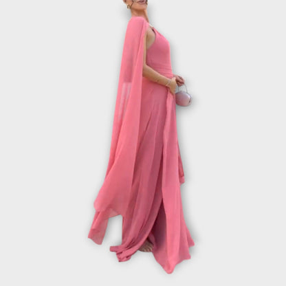 Elegant Long Dress with Bell Sleeves and High Cut