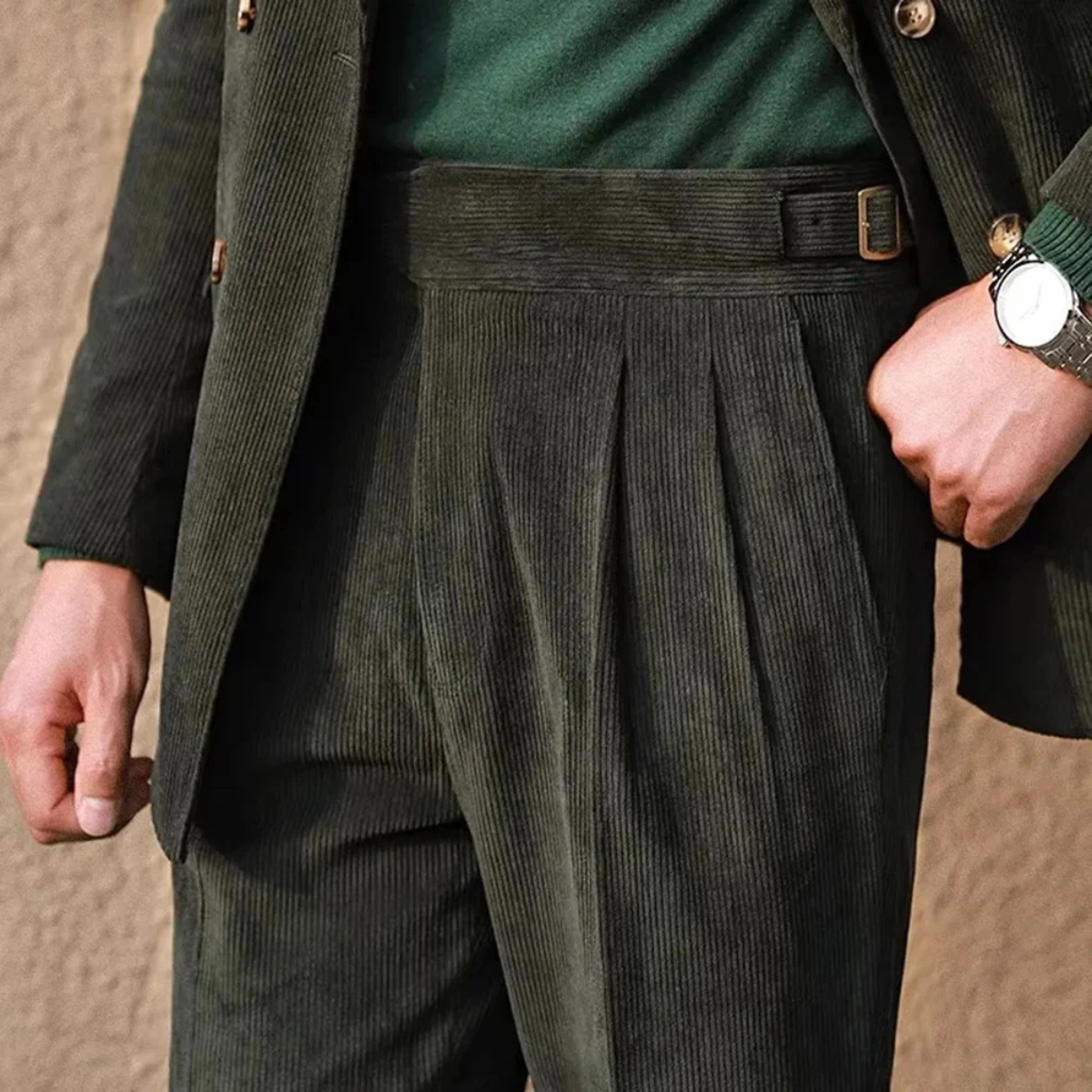 Rugged Men's High Waist Corduroy Trousers with Adjusters