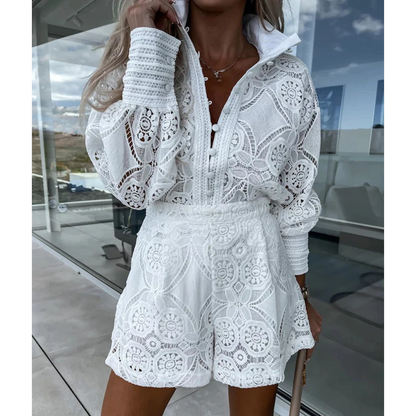 Feminine Lace Jumpsuit with Buttons and Long Sleeves